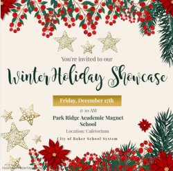 a graphic flyer promoting the winter holiday showcase at Park Ridge, friday, december 17th at 10 a.m.